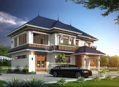 Mẫu biệt thự sân vườn 2 tầng hiện đại với thiết kế ốp gỗ độc đáo 