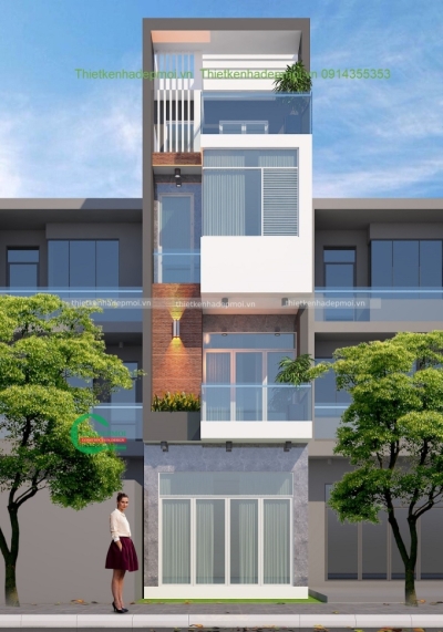 Thiết kế nhà phố 1 trệt 2 lầu sân thượng